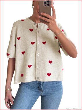 Short Sleeve Cardigan Button Down Cropped Cute Heart Sweater Knitwear